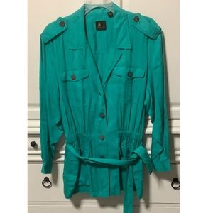 Liz Sport 100 percent Rayon ladies S petite teal belted jacket, shoulder detail
